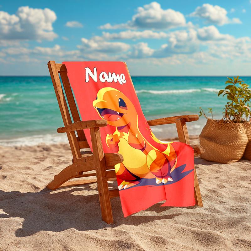Personalized customized proof beach towel with Pokémon Charmander pattern - soft, absorbent,quick-drying,perfect swimming,camping&bathing