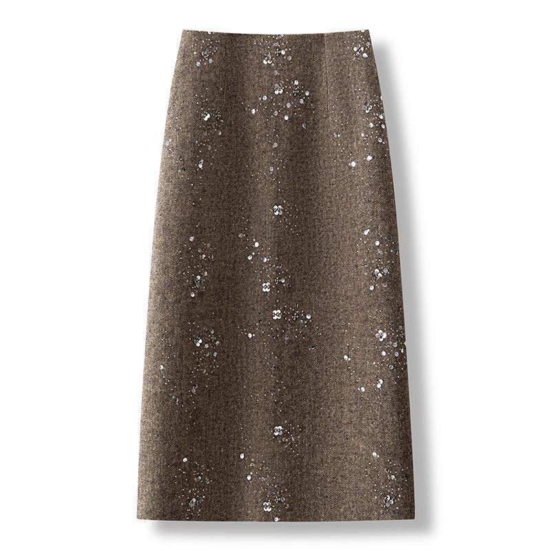 Sequined Woolen High-Waist Straight Skirt for Women