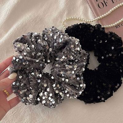 Black and Silver Elastic Hair Tie Sequin Party Hair Accessories Velvet Hair Scrunchies  for Women