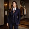 Costum bleumarin cu dungi subțiri pentru femei, 3 piese, pentru birou, modă chic, costum cu dungi (Jachetă+Vestă+Pantaloni) La comandă