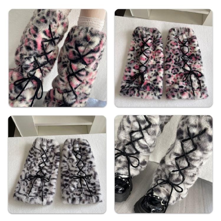 Dicke Damen-Beinwärmer für kühles Wetter aus Kunstpelz mit Plüsch-Leopardenmuster und gekreuzter Schnürung, Warme Stiefelüberzieher Socken für Lagenlook