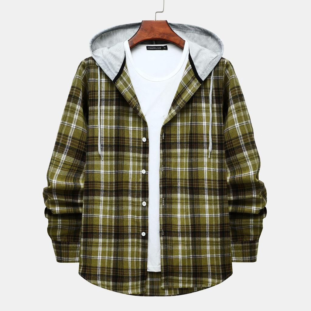 Autumn New Men's Casual Fashion Couple Hooded Plaid Long Sleeve Shirt Trend