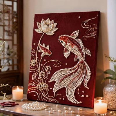 DIY Pearl Painting Kit for Adults Beginners Fancy Carp Butterfly Designs 3D Pearl Art Craft Kit Pre-Printed Canvas Resin Pearls Set