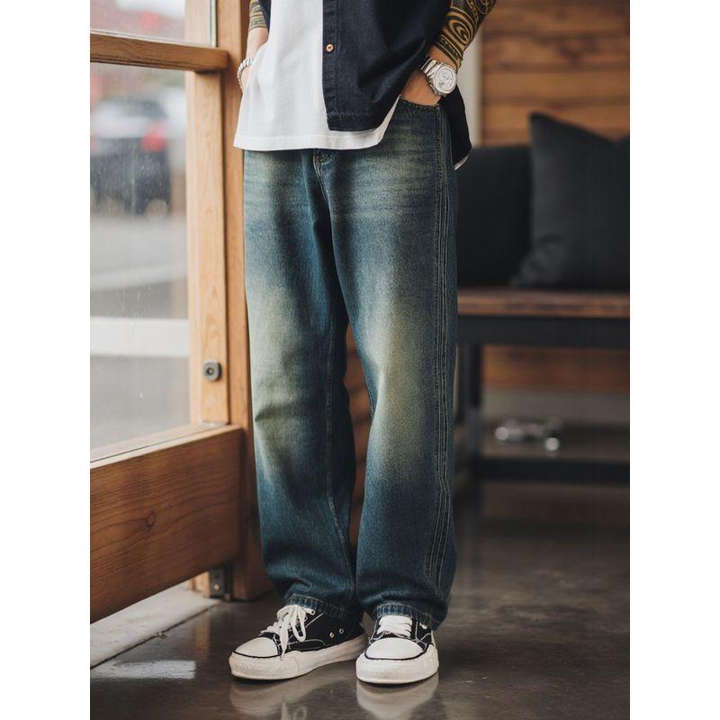 American Retro Heavy-Duty Washed Vintage Loose Wide-Leg Jeans for Men, Spring and Autumn Pants, Export Men's Casual Long Pants