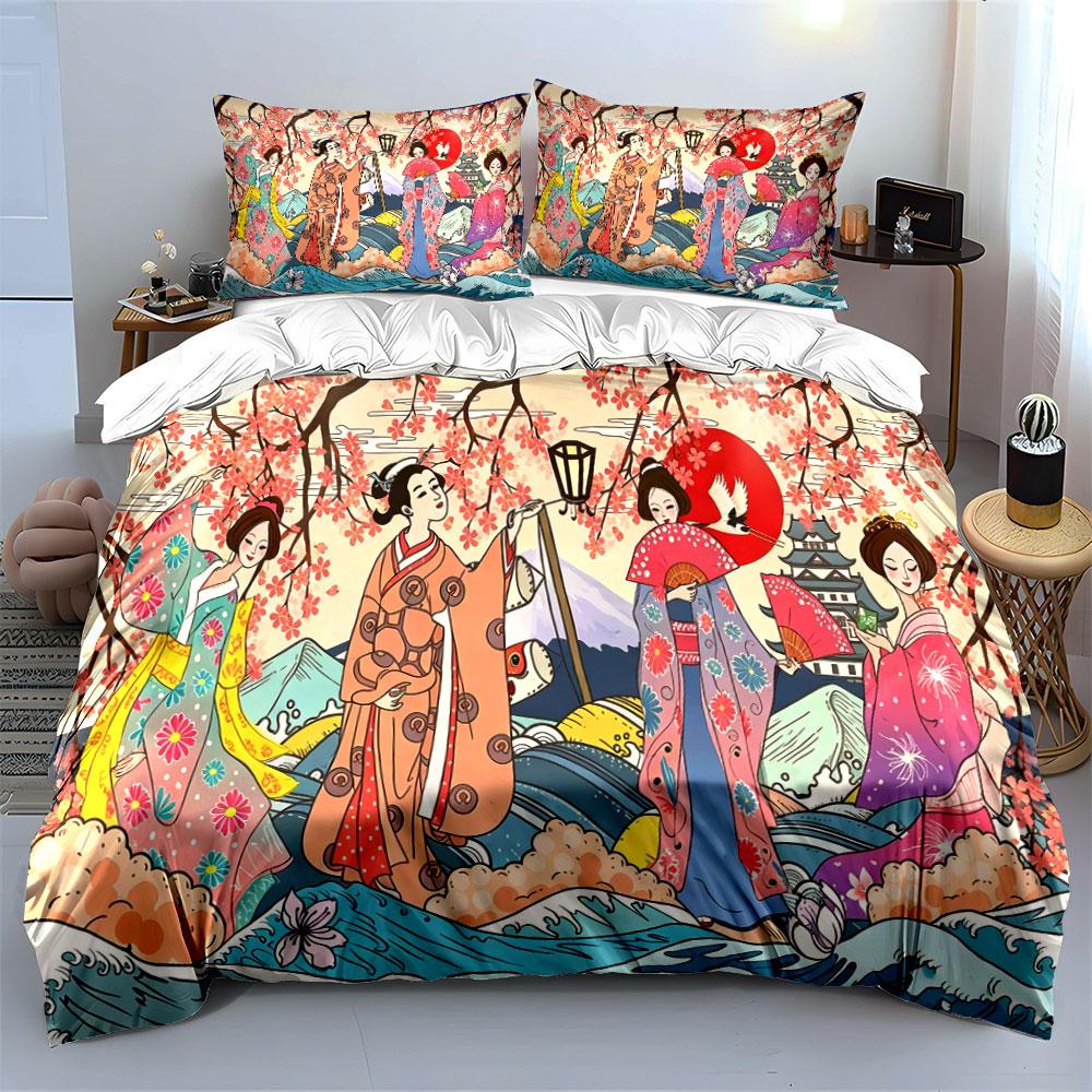 Japanese Ukiyo Geisha Lady Bedding Set,Cherry Blossom Mount Fuji Ocean Wave Kimono Women Print Duvet Cover Set,Oriental Art 3PC