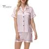 2 Pçs/Conjunto Mulheres Camisa Shorts Terno Plus Size Lapela Mangas Curtas Cetim Listrado Contraste Cor Top Cintura Elástica Calças Curtas Homewear Loungewear