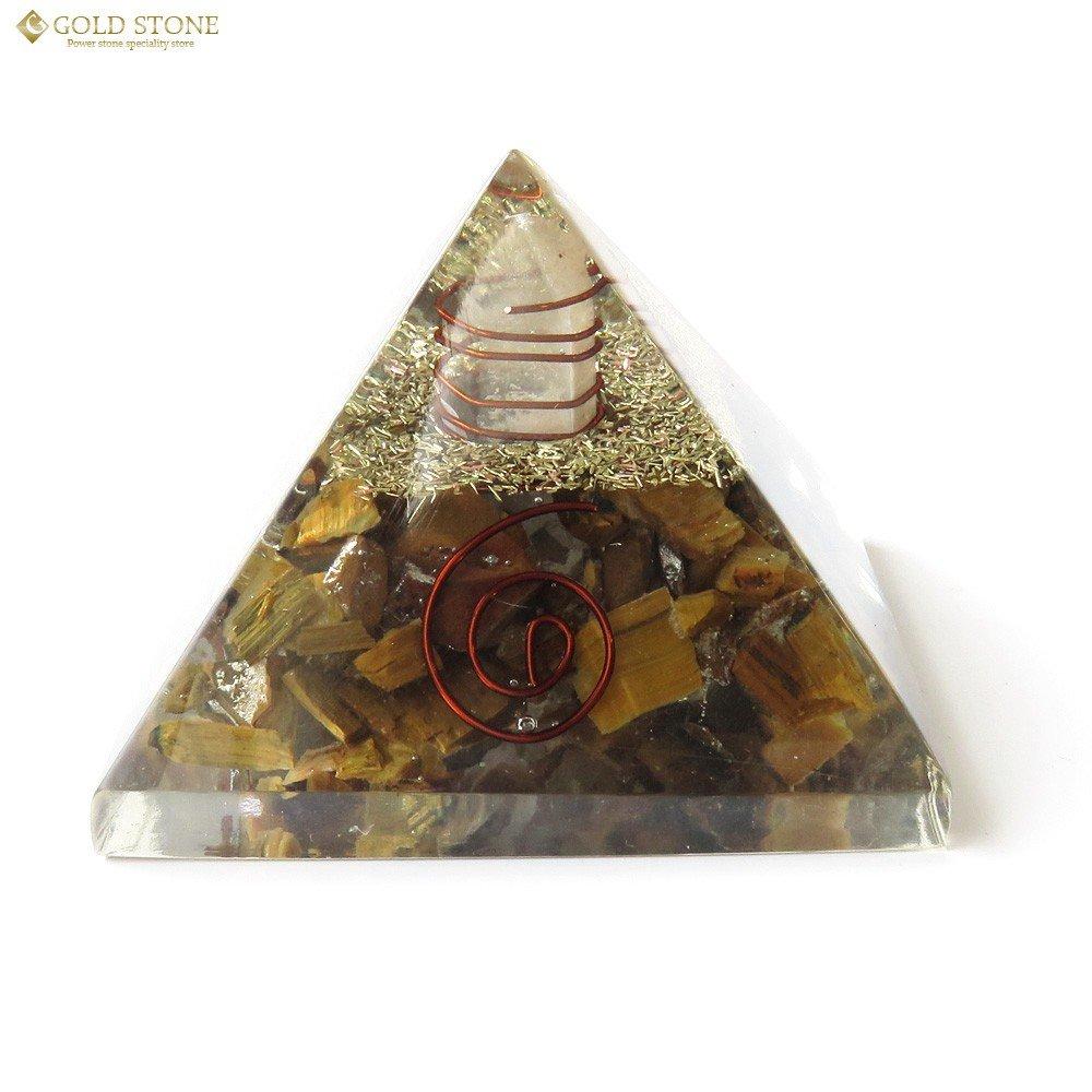 [GOLD STONE] Tiger Eye Orgonite Pyramid with Single Crystal Quartz, Spiritual Item, Approximately 55mm Wide