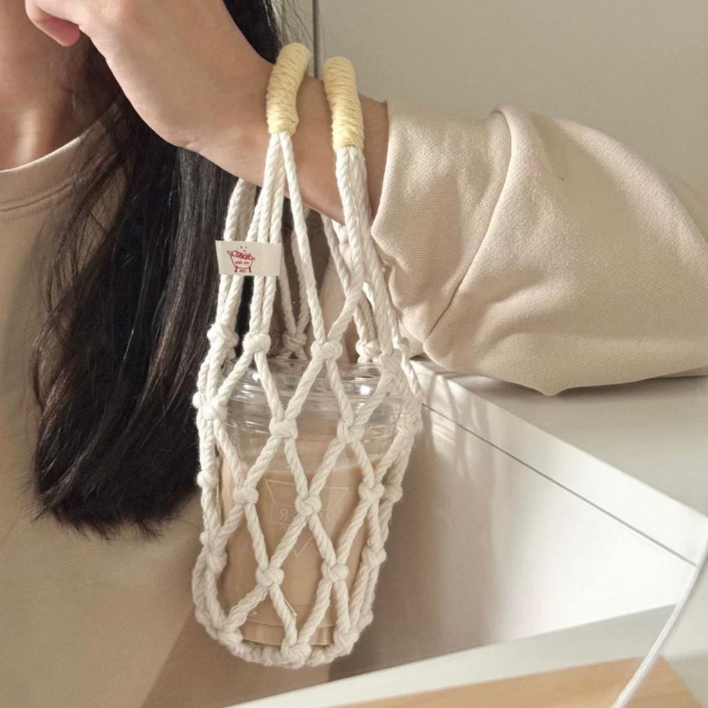 Portable Coffee Cup Bag Hollow Out Bottle Bag Mugs Bag Foldable Water Bottle Bags Beach Woven Net Bags Cup Cover Cup Accessories