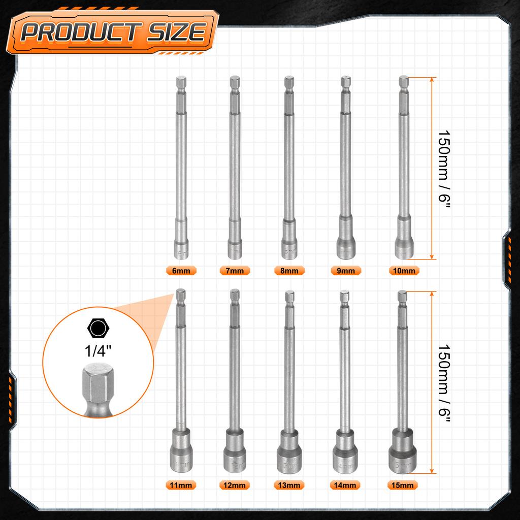 3-15pcs Nut Driver Drill Bit Set 5.5-19mm Metric Impact Socket 1/4" Hex Shank 6" (150mm) Extra Long Magnetic 6-Point Sockets