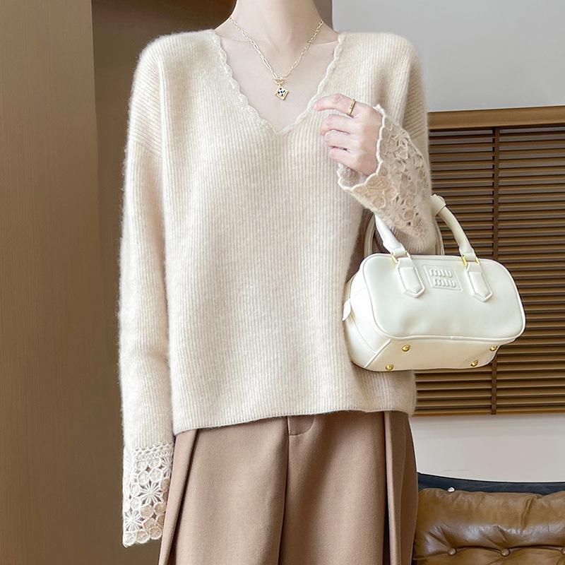 Women's 100% Pure Wool V-Neck Lace Long Sleeve Loose Sweater - Autumn/Winter 2025 Collection
