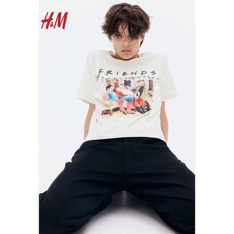 

[Friends] HM Women s t-shirt Summer American Print Pattern Casual Trend Short sleeve Top 0762470 Cream/Friends 155/80(XS)