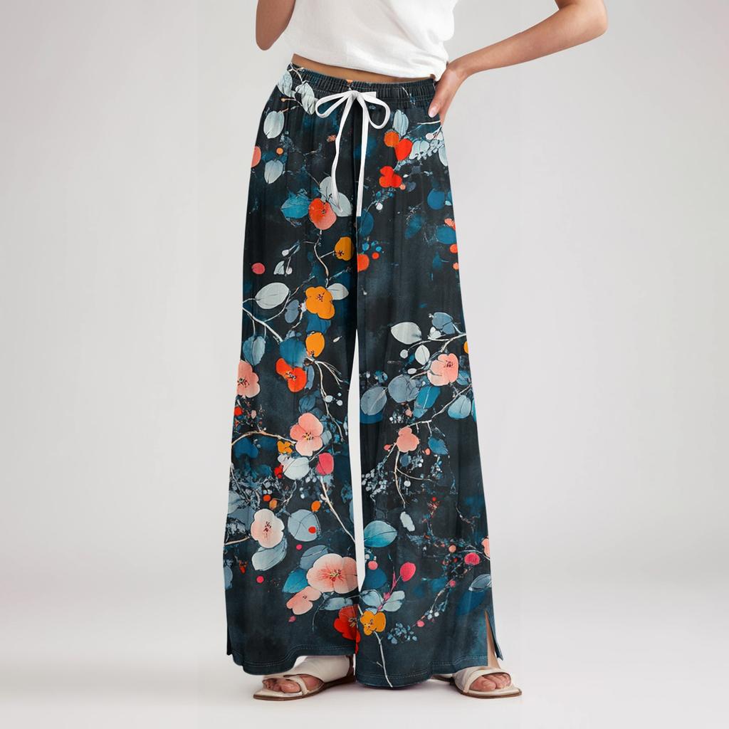 Women's Loose Casual Floral Print Wide Leg Pants With Elastic Waist Drawstring And Pocket Pants