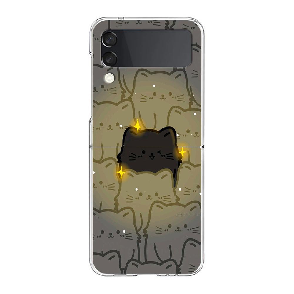 Phone Cover For Samsung Galaxy Z Flip 6 5 4 Case Transparent For Samsung Z Flip 3 Hard PC Foldable Bags Cartoon Black Cat Couple