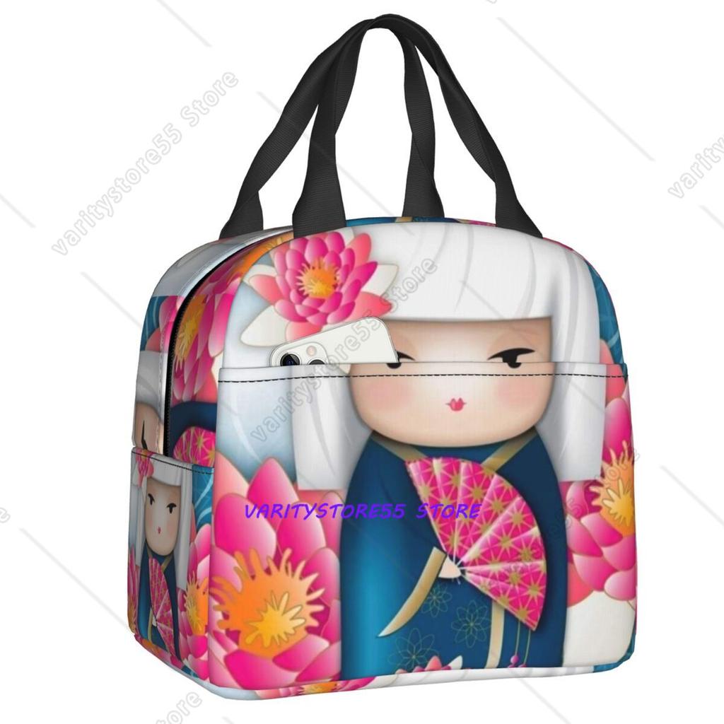 Custom Japanese Girl Sakura Kokeshi Doll Resuable Lunch Box for Women Waterproof Thermal Cooler Food Insulated Lunch Bag