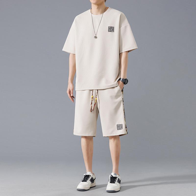 

Men s Waffle Knit 2-Piece Tracksuit Contrast Panel Drawstring Short Sleeve and Shorts Set 3XL бежевий
