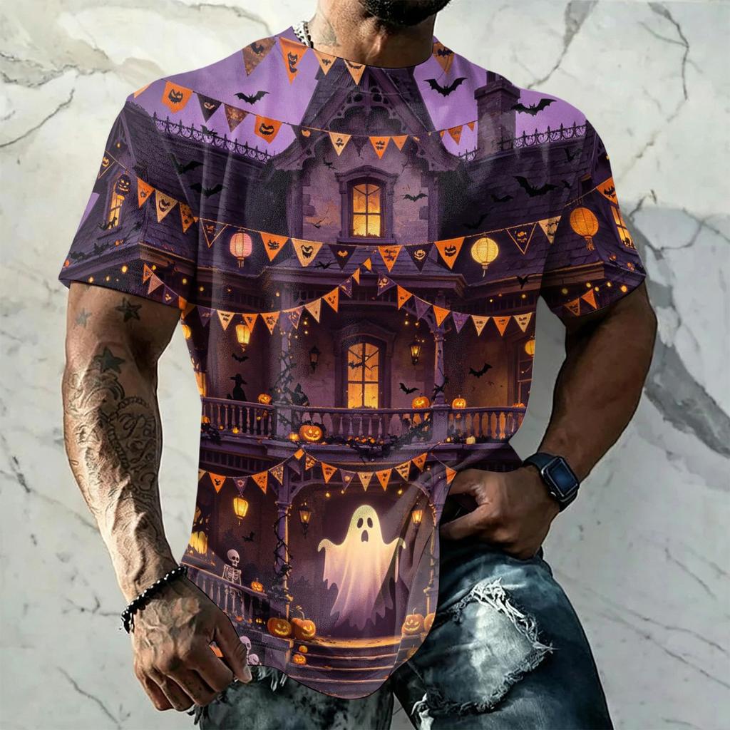 Men's Halloween Print Vintage Texture Short Sleeve T Shirt Loose Breathable Summer Sports Streetwear Casual Everyday Top