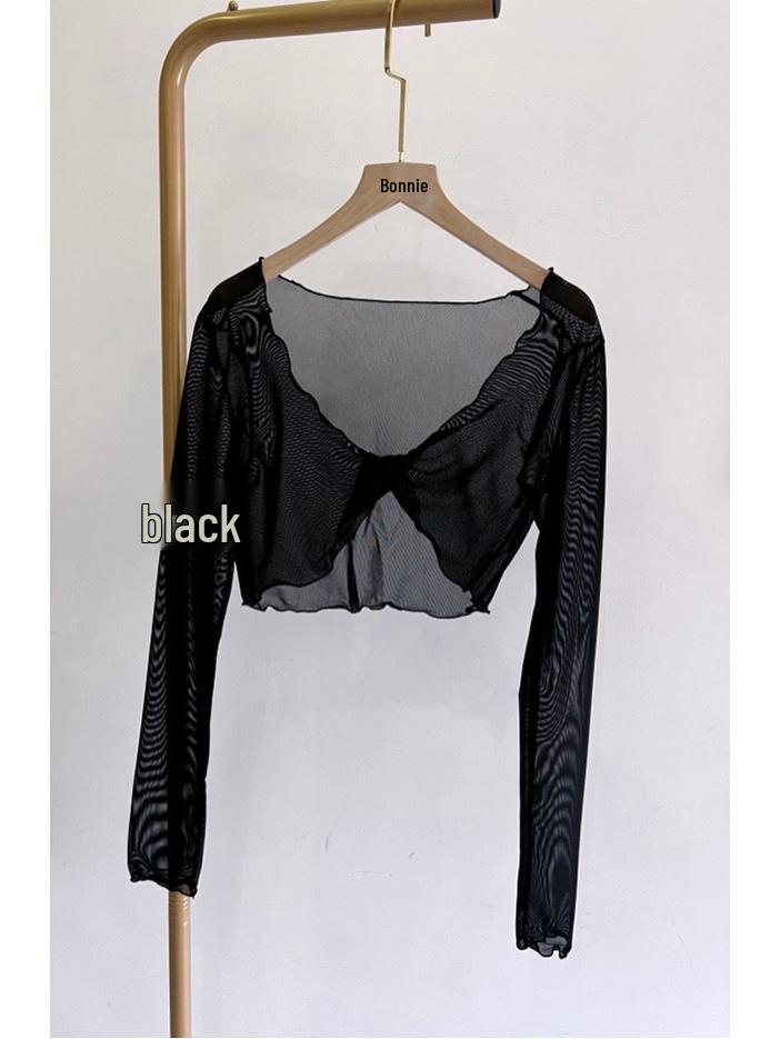 Women's Ballet Dancewear Long Sleeve Mesh Crossover Top - Yoga, Classical, Modern Practice & Sun Protection Shirt