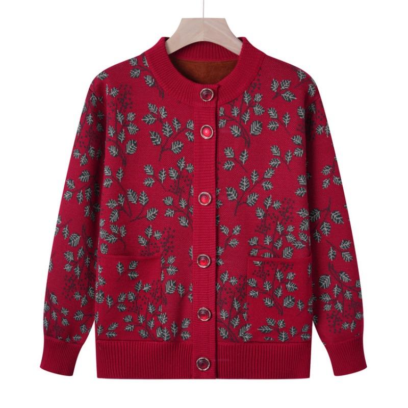 Mom autumn integrated fleece cardigan sweater jacket female grandma fleece knitted sweater autumn and winter top medium and old women's clothing