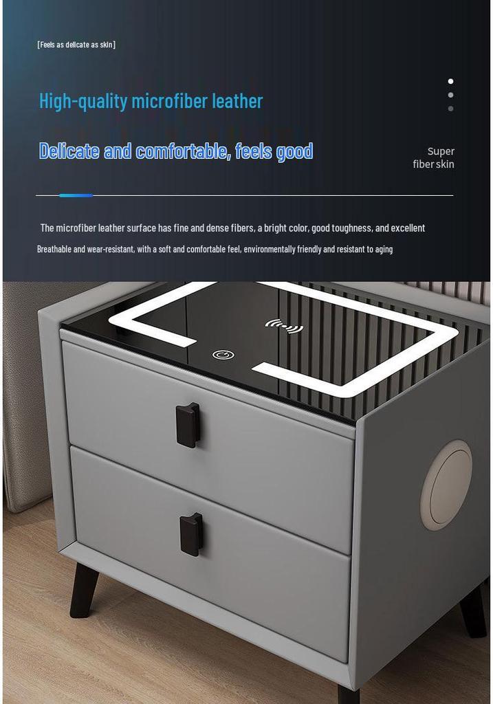 Smart Minimalist Bedside Table: Dual Drawers, Wireless Charging, Light, Bluetooth Speaker
