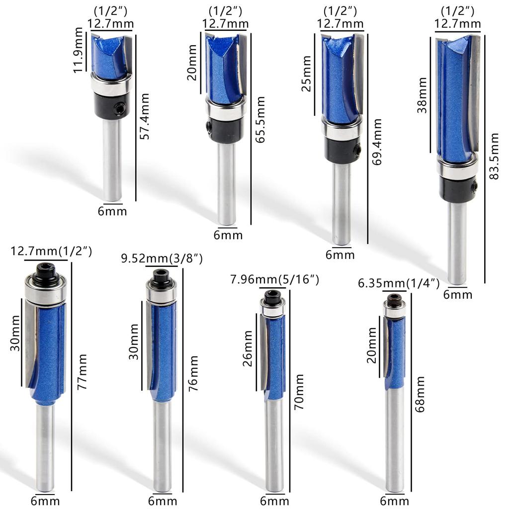 Shineyoo Trimmer Router 6mm Shaft Pack of Chamfer Bits with Straight Trimmer for Tenon and Decorative for Electric Trimmers and Woodworking Bits,