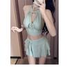 Women Cutout Halter Bikini 2 Piece Set Flower Decor Tiered Skirt Beach Bathing Suit