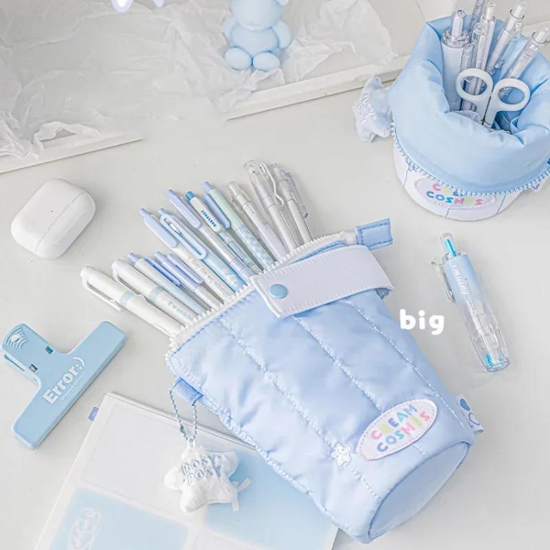 Ins Small Fresh Cream Color Portable Folding Pencil Case Cute Simple Girl Standing Pen Bag Kawaii Desktop Stationery Organizer