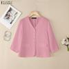 ZANZEA Blusa casual de manga 3/4 de color sólido con cuello en V para mujer