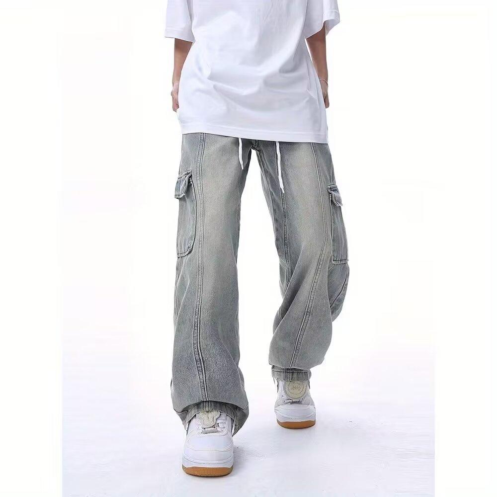 JYL Джинсы для пар Синие Рваные Нашивка Звезда Летние Американский Хай-стрит Прямые Широкие Джинсовые L