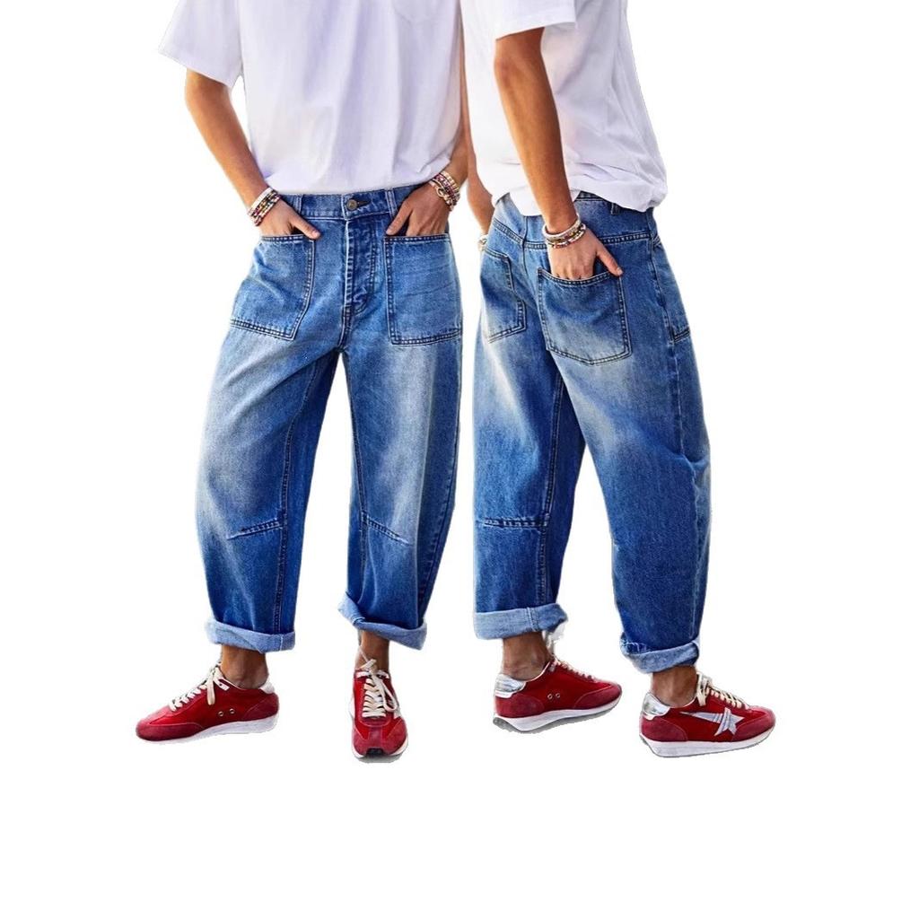 Jeans da donna con orli arrotolati, tasche cucite, vita media, gamba a botte, jeans cropped da donna