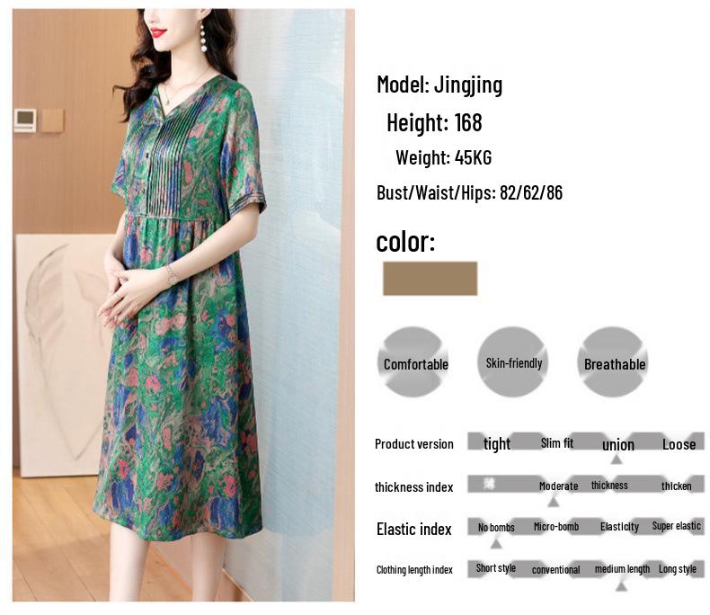 Thirteen Rows Women's Satin Print Casual Dress, Slimming Fit for Middle-Aged Moms, Short Sleeve