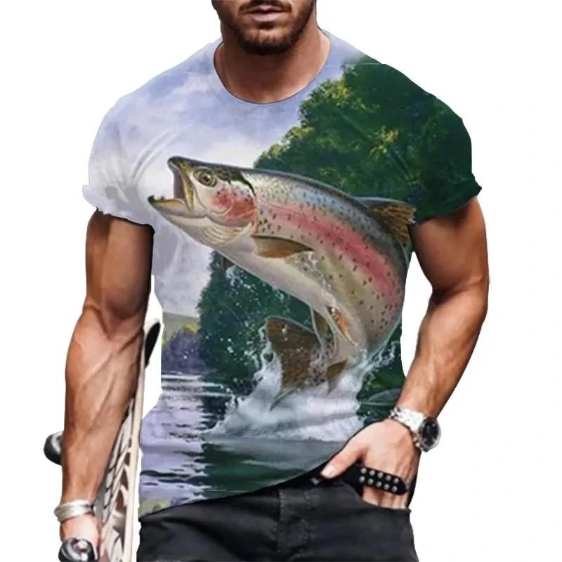 Men's Outdoor Fishing T-shirt, Casual Breathable Top, Short Sleeved, 3D Printed, Sporty and Fashionable Fitness, Large Size, Summer