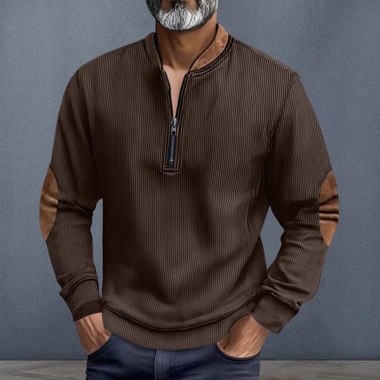 Pánská mikina na zip s kostkovaným stojáčkem, s dekorací na loktech, pulovr, topy s dlouhým rukávem, bunda pro práci, na rande