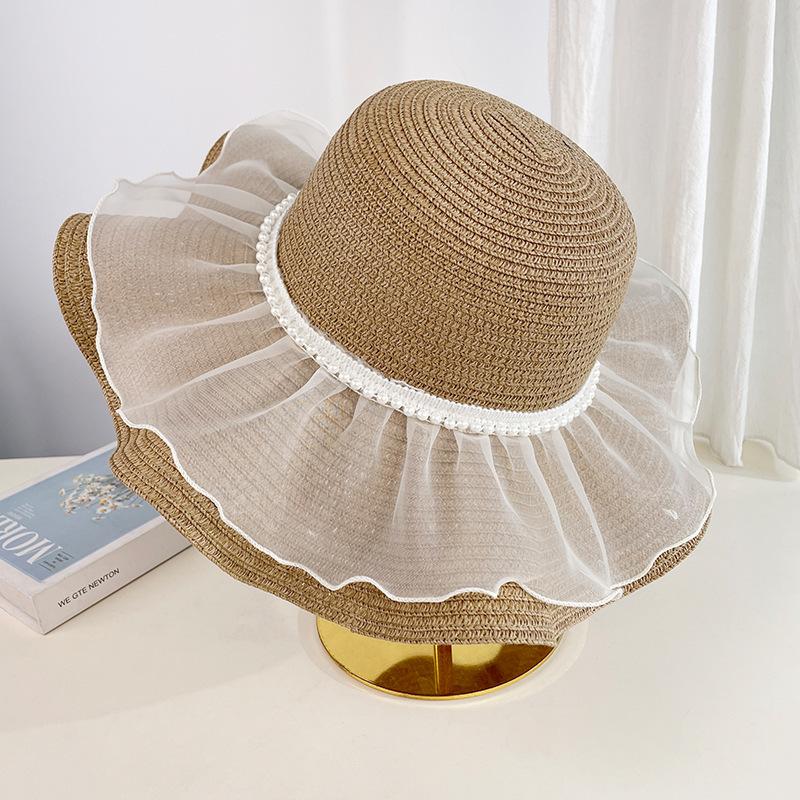 Mesh Straw Hat Women's Summereasiest for Match Outdoor Seaside Travel Vacation Sunscreen Sun Hat Big Brim Fisherman Hat