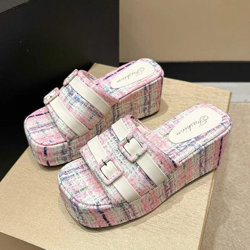 Small Fragrant Style Fashionable Slop Heel Beach Slippers  Small Buckle Roman