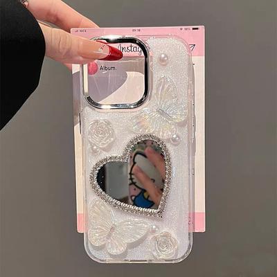 Butterfly Flower Rhinestone Mirror Phone Case for IPhone16promax Pearl for Apple 17 Drop Glue Glitter 14