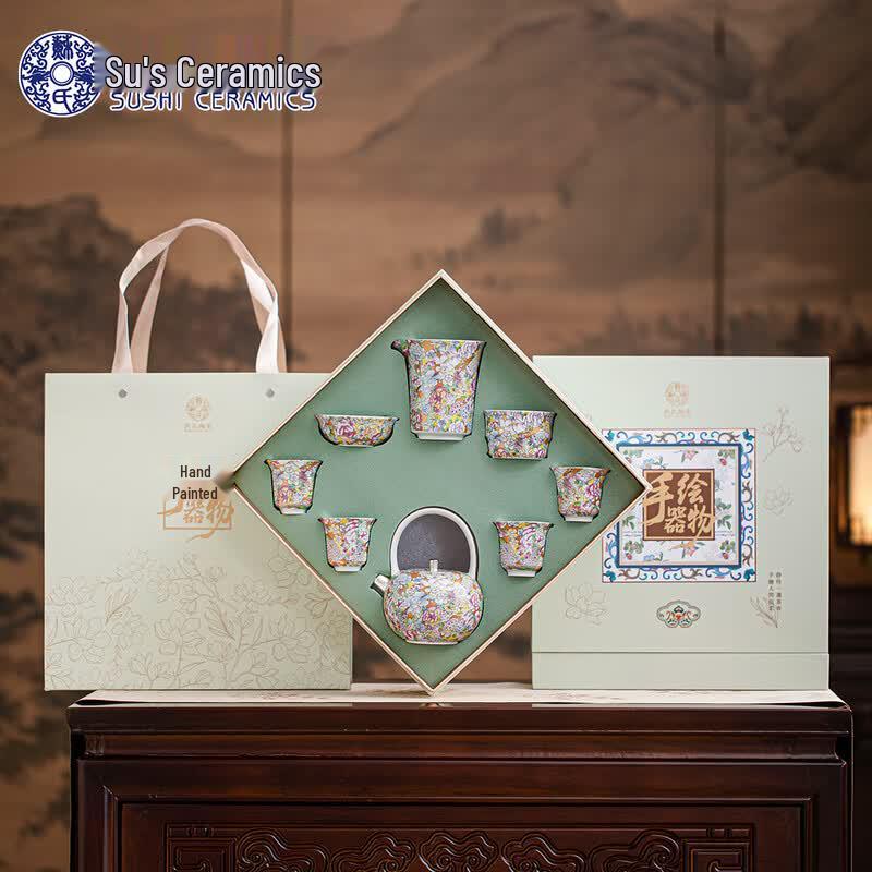Master Zheng Wenqiang Su-style Gilded Silver Ceramic Tea Set