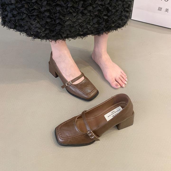 Vintage French Style Single Shoes for Women, Spring and Autumn Black Mary Jane Leather Shoes