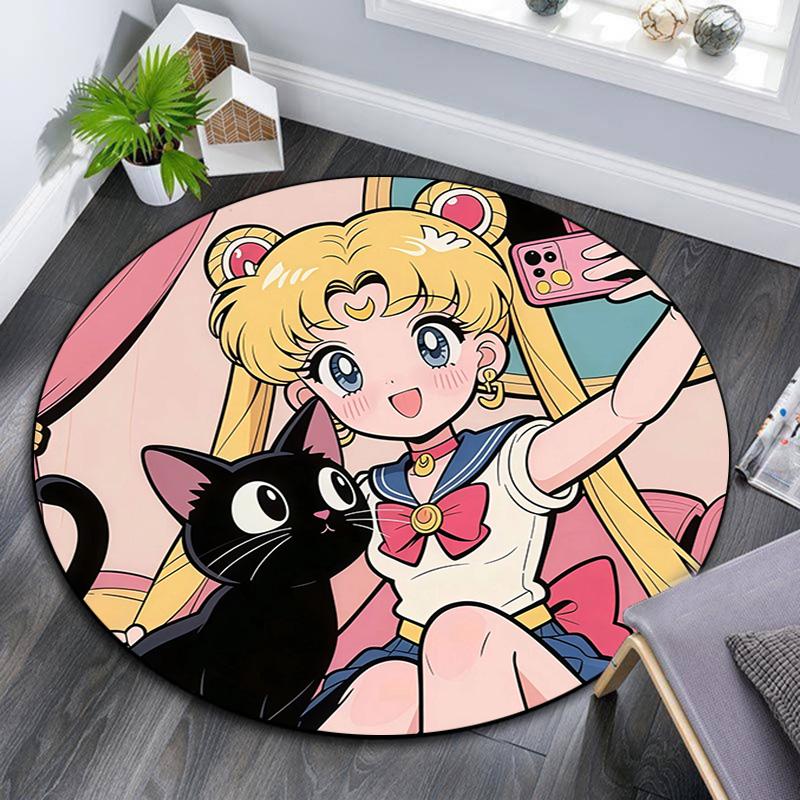 Sailor Moon Round Area Rug,Carpet Rug for Living Room Bedroom Sofa Playroom Decor,Non-slip Floor Mat