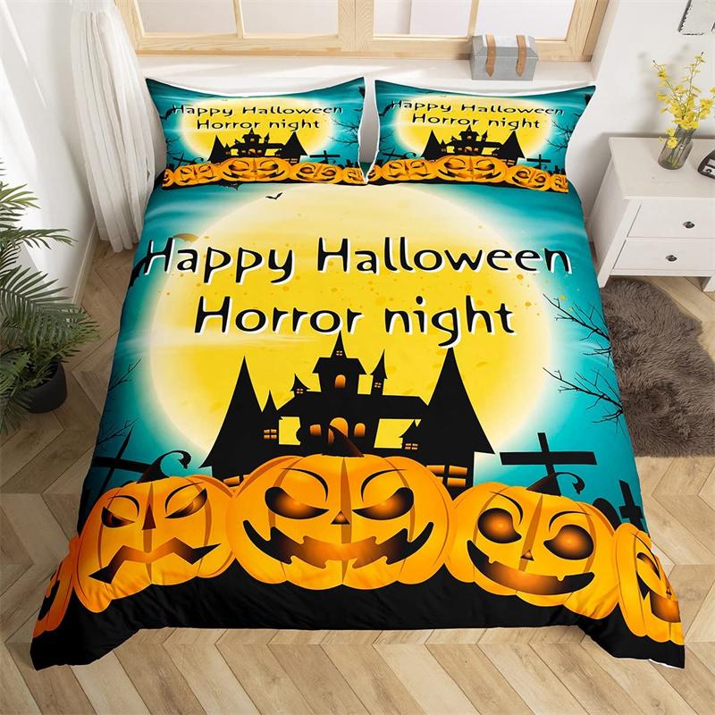 Halloween Duvet Cover Horror Pumpkin Lantern Bedding Set Polyester Crazy Scary Horseman Comforter Cover King For Kids Boys Girls