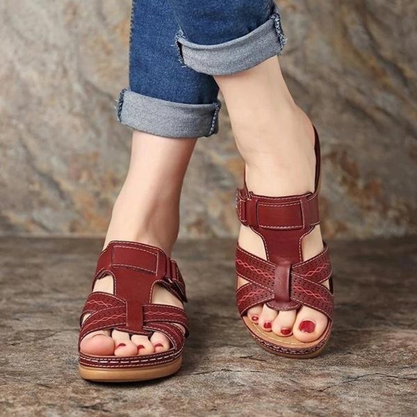 Beställ en storlek upp, sommar Kvinnor Premium Ortopediska Sandaler med öppen tå Kvinnliga Tofflor Spänne Rem Vintage Anti-halk Andas Tofflor Plus Size Sandaler