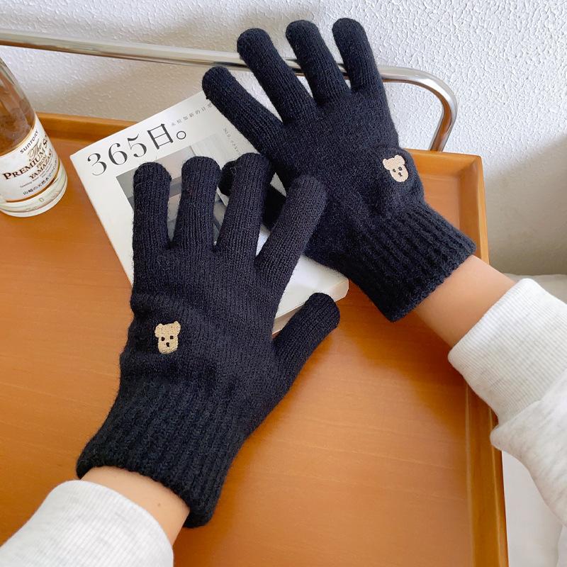 Bear knitted wool gloves winter warm touch screen cute solid color embroidery split finger opening leak finger tide