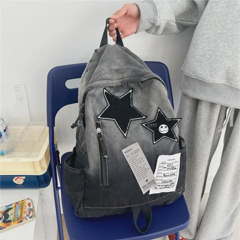 Gradient Denim Star Backpack: Versatile Vintage Schoolbag for Junior High Students