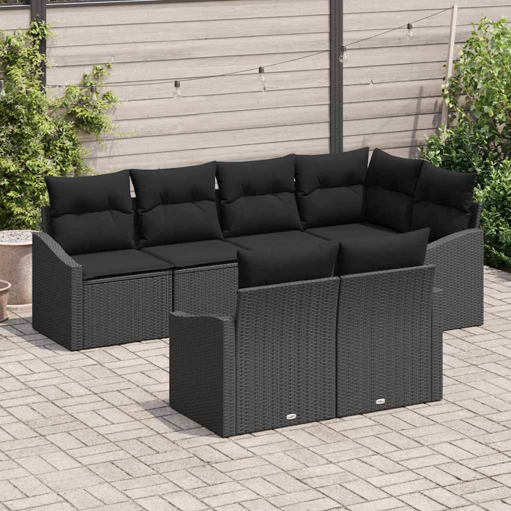 7 Piece Black Poly Rattan Garden Sofa Set with Cushions