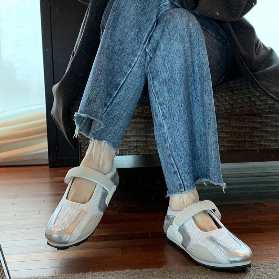Leather Korean version niche silver Mary Jane ballet shoes flat Velcro casual sneakers white shoes women's shoes