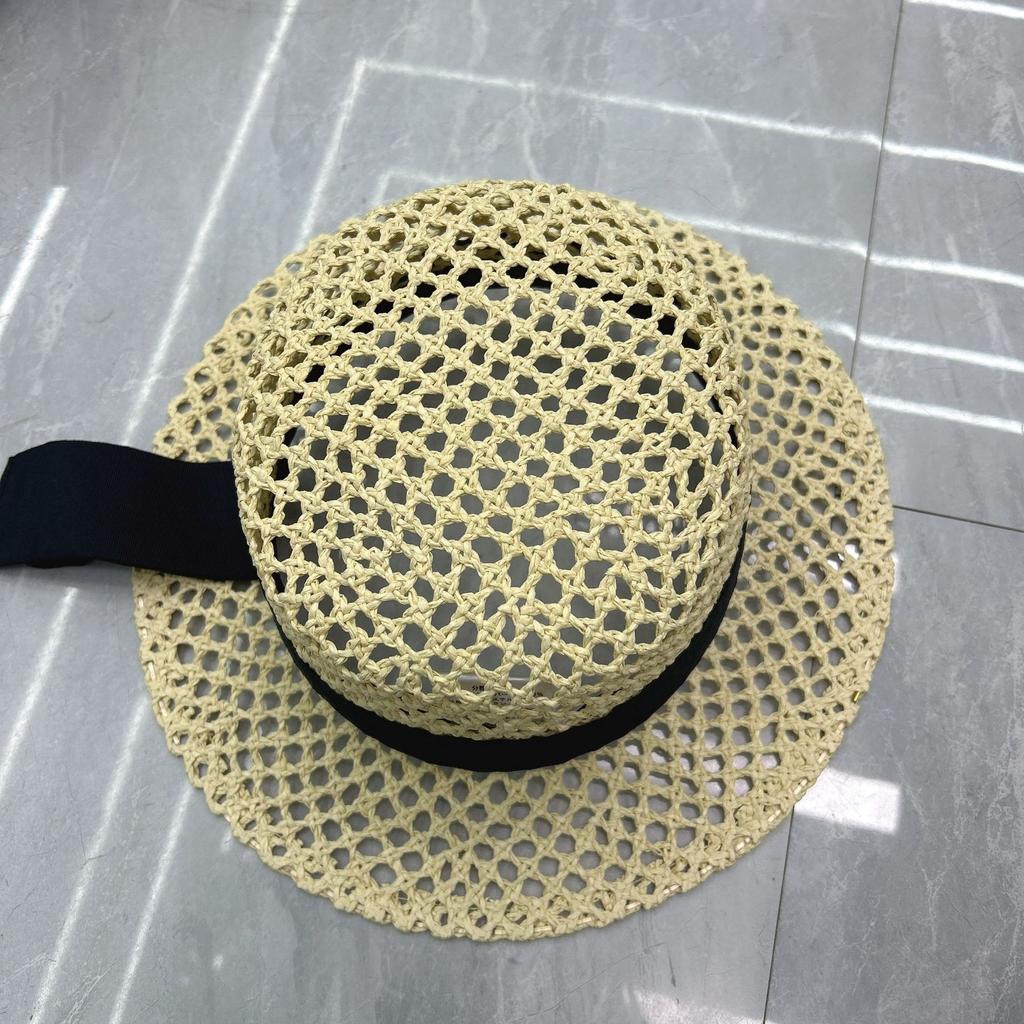Handwoven Raffia Straw Fedora Hat with Black Ribbon Breathable Hollow Out Mesh Sun Hat for Women Summer Beach Hat