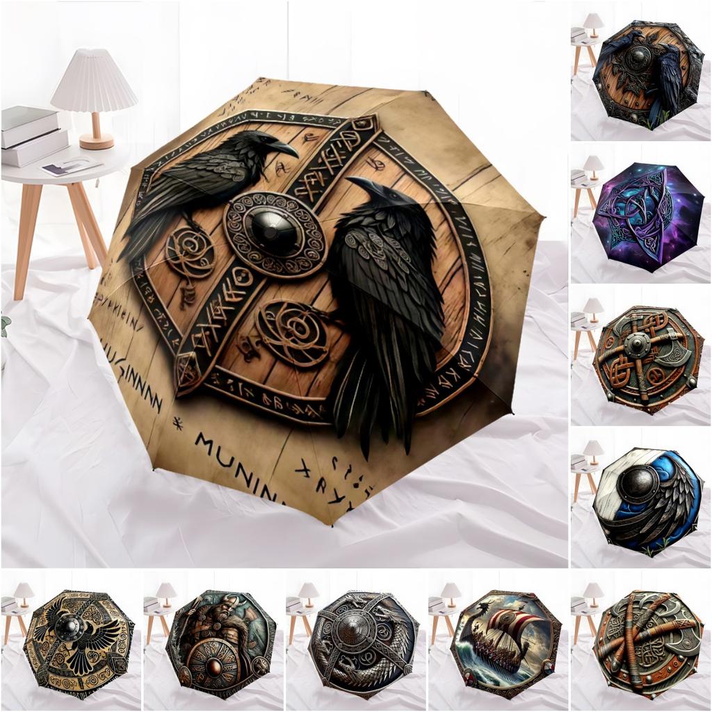 1PC Viking Theme Umbrella Portable Folding Umbrella Iron Frame Hole Bone Structure Outdoor Home Umbrella A3