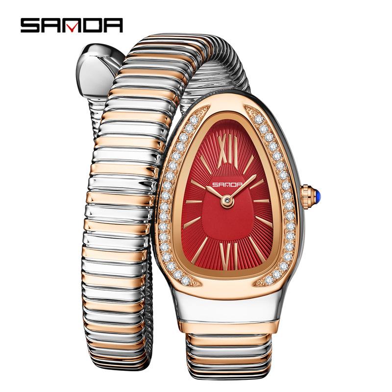 SANDA Fashion Women's Quartz Watch Serpentine Inlaid Diamond Women's Watch Retro Light Luxury Women's Quartz Watch