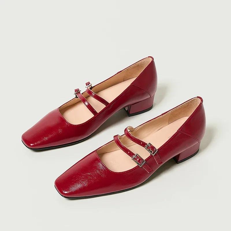 

Весенние женские туфли Мэри Джейн, женская мода, неглубокий квадратный носок, толстый высокий каблук, женские элегантные красные балетки 35 вино красного
