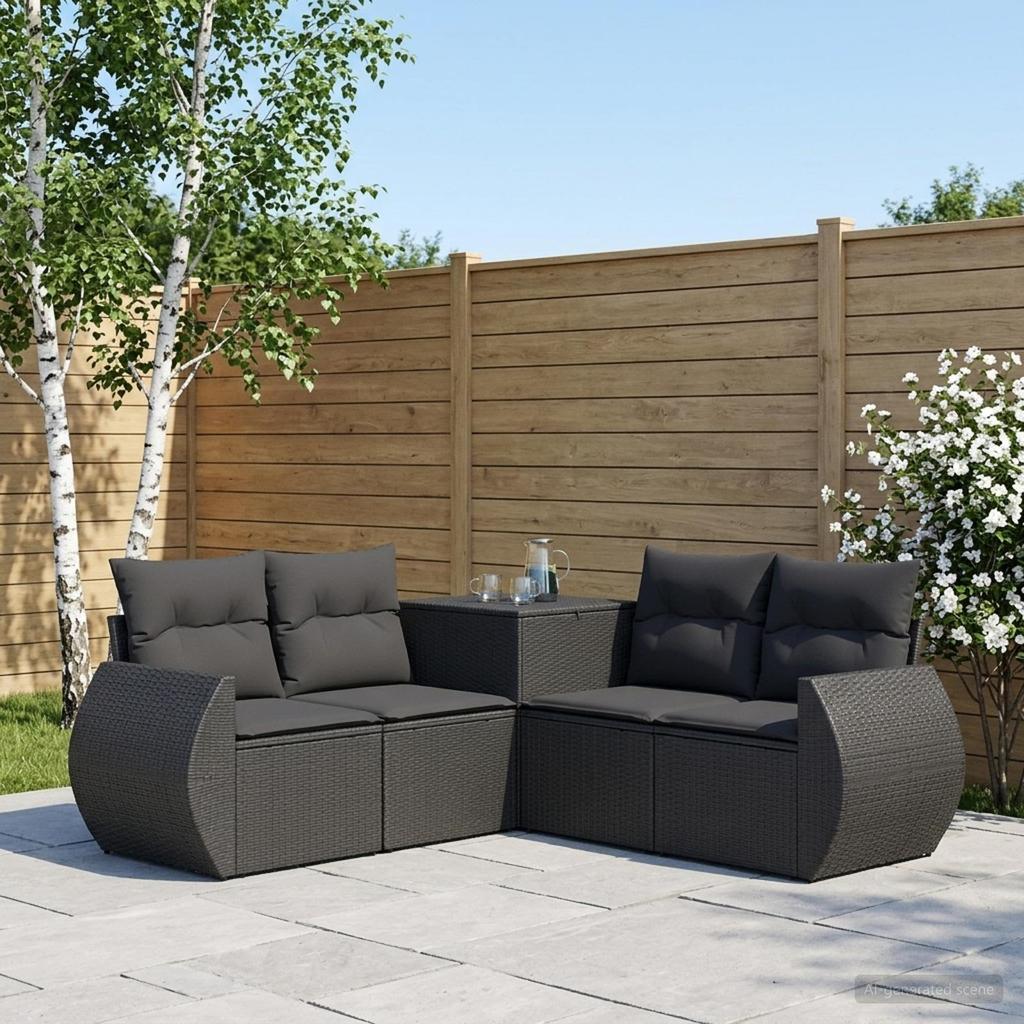 Sofa Set 5 pcs. Black Poly Rattan and Steel