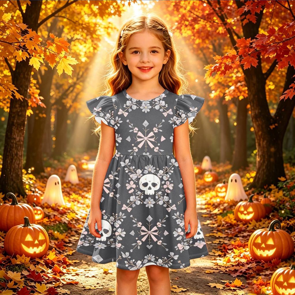 Kids Casual Halloween Printed Sleeve Dress for Party and Holiday